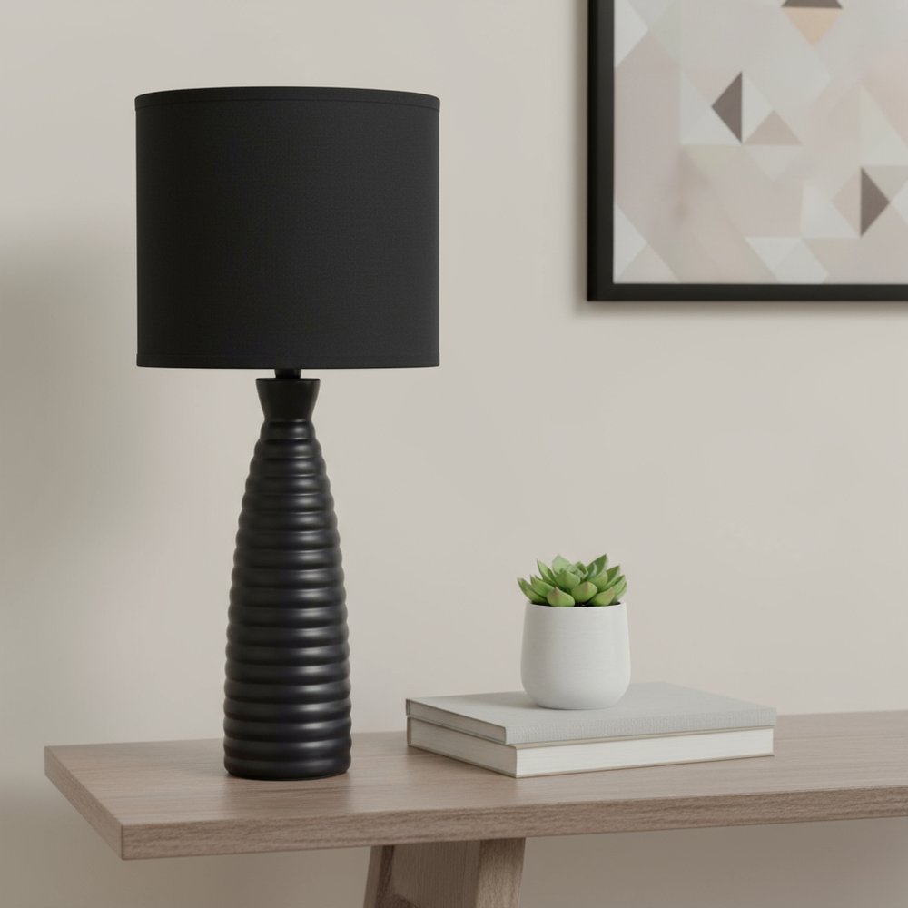 20" Black Ceramic Novelty Table Lamp With Black Drum Shade