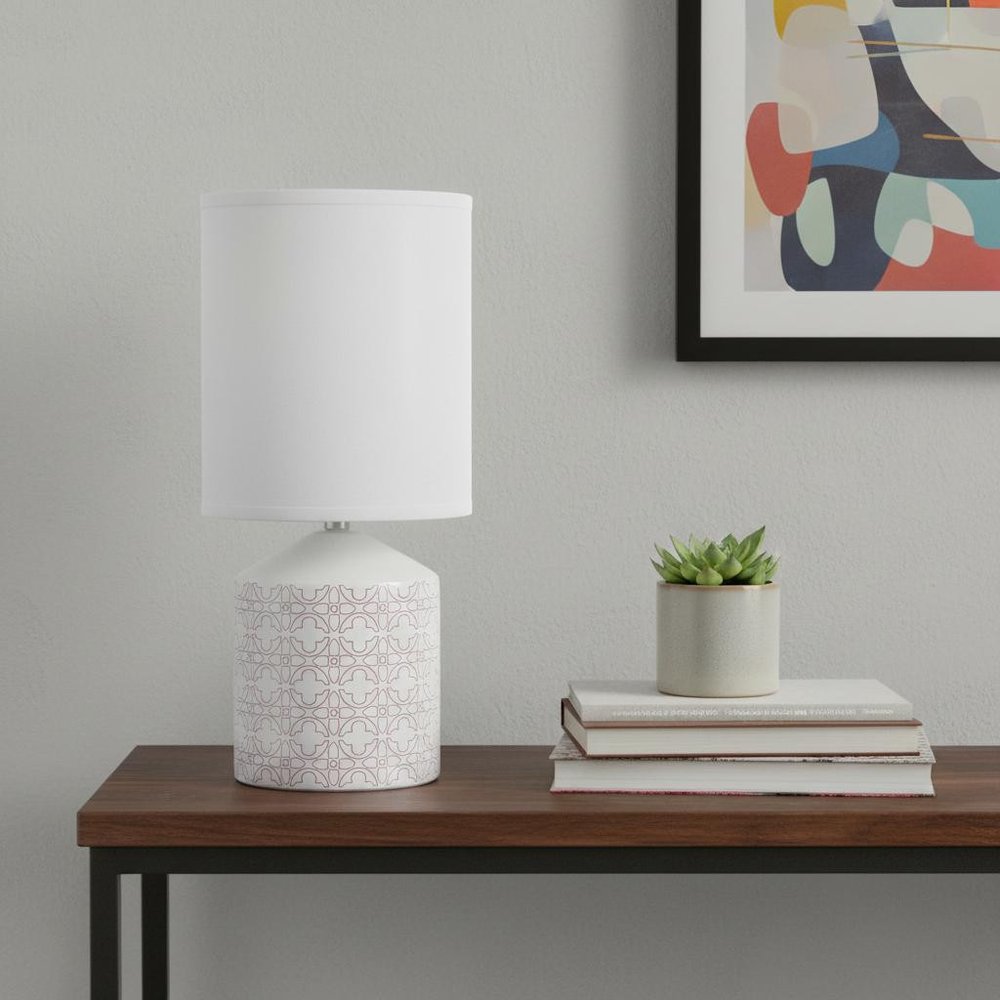 19" White And Tan Ceramic Table Lamp With White Cylinder Shade