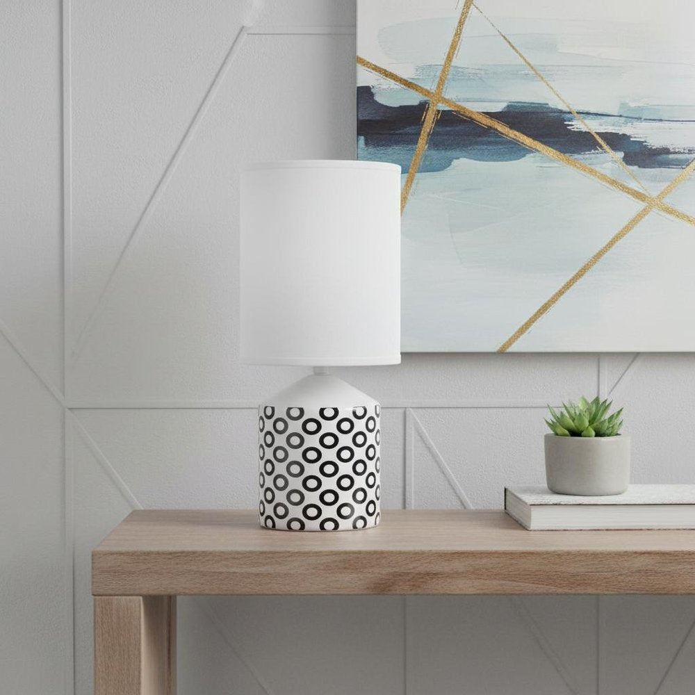 19" White And Black Ceramic Table Lamp With White Cylinder Shade