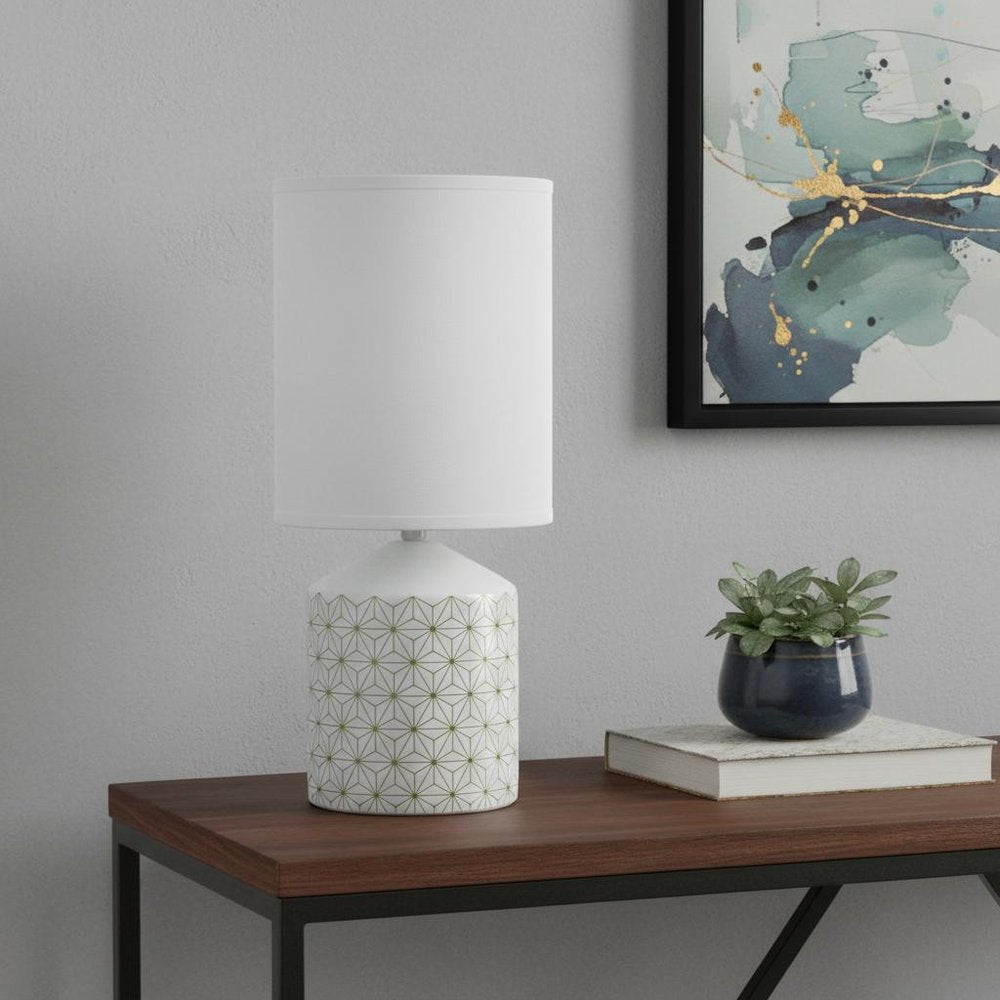 19" White And Gold Ceramic Table Lamp With White Cylinder Shade