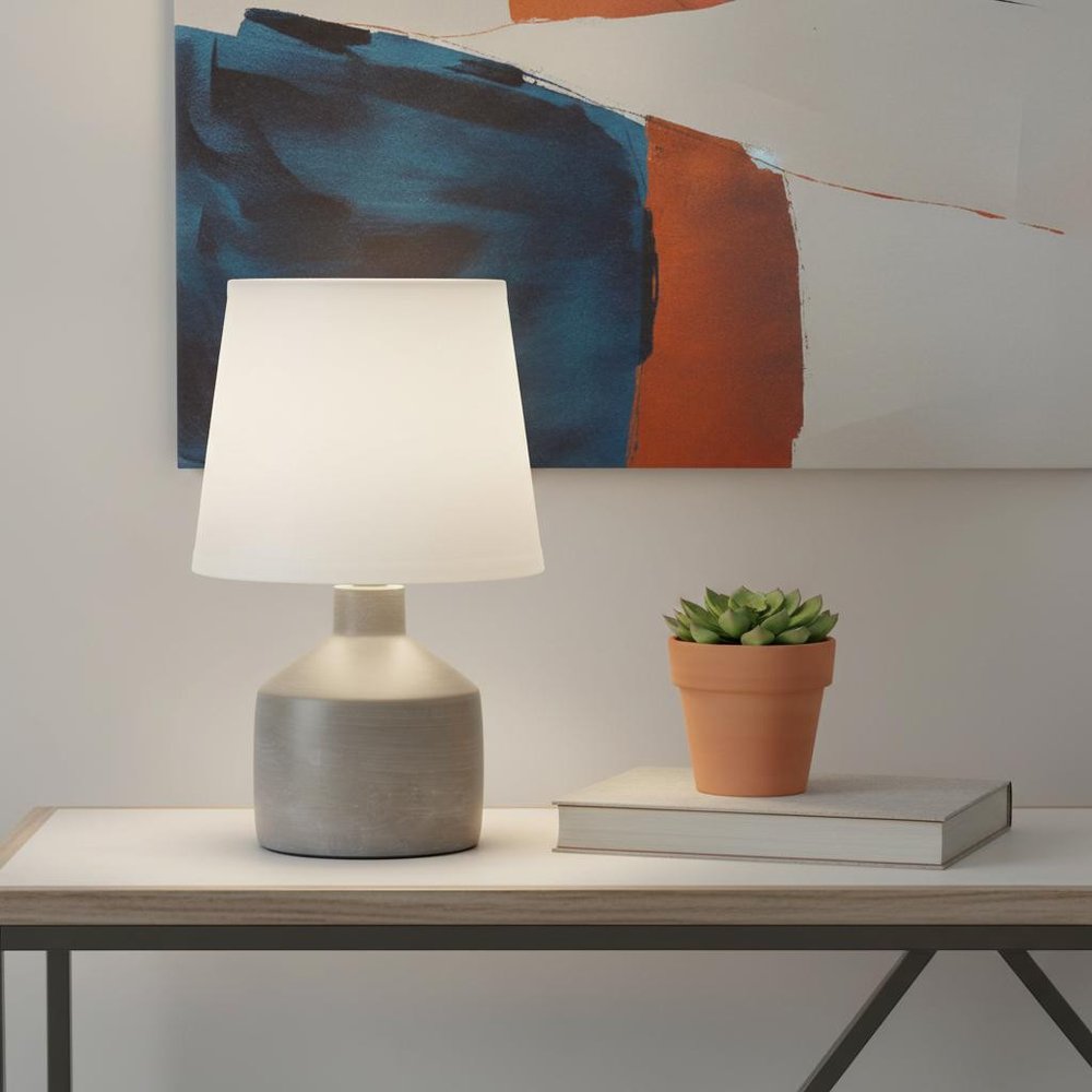 9" Gray Concrete Round Table Lamp With White Drum Shade