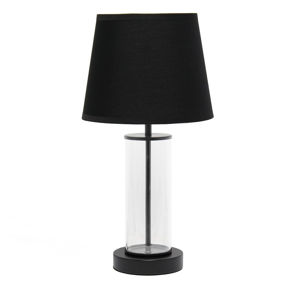 17" Black And Clear Glass And Metal Table Lamp With Black Drum Shade
