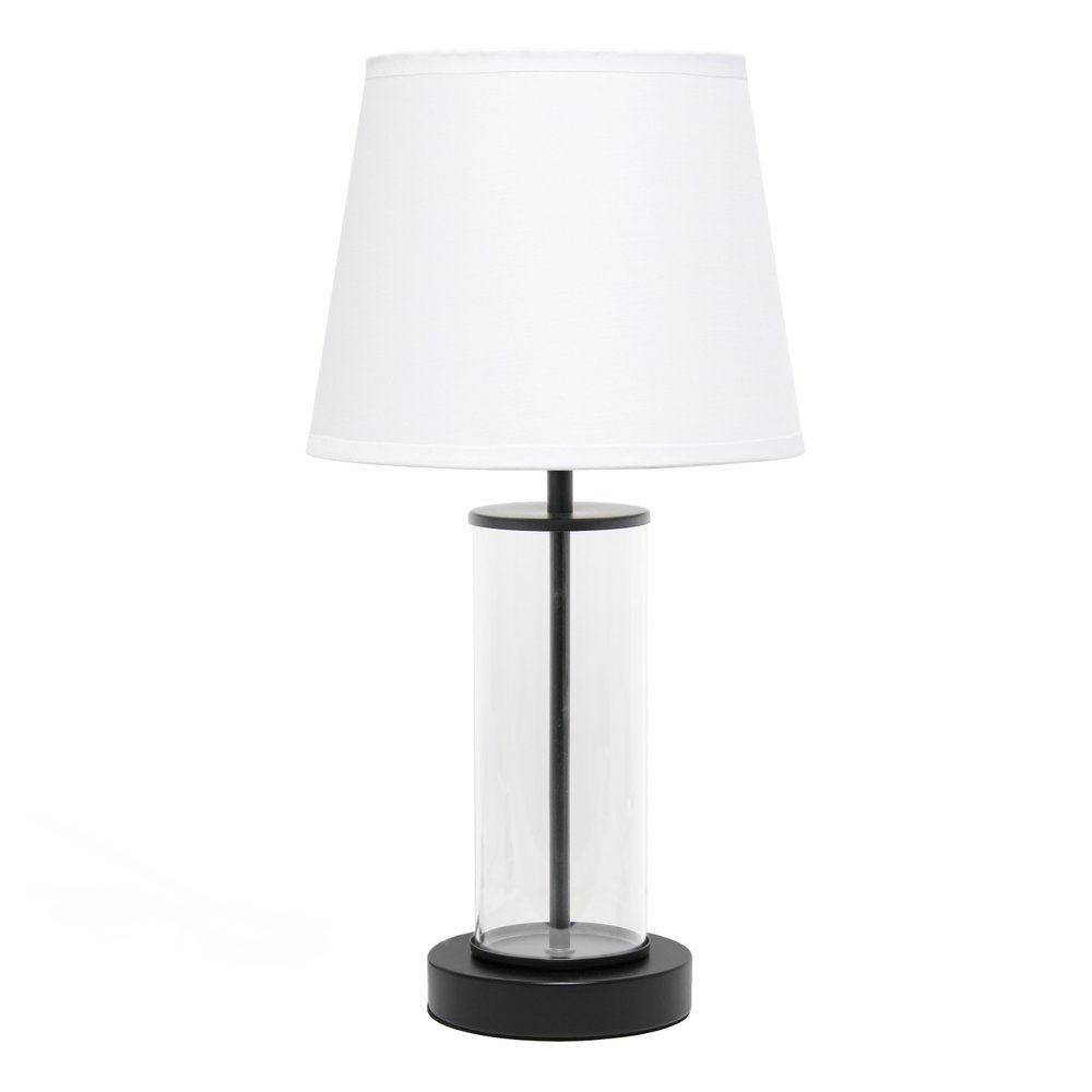 17" Black And Clear Glass And Metal Table Lamp With White Drum Shade