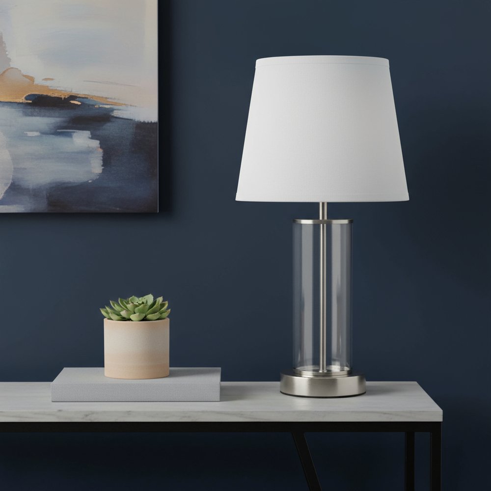 17" Nickel And Clear Glass And Metal Table Lamp With White Drum Shade