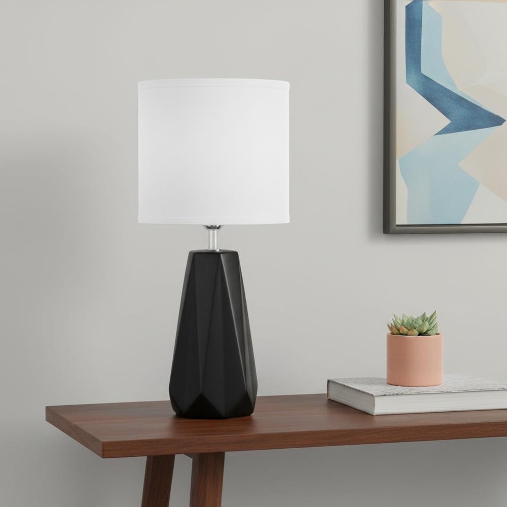 18" Black And Silver Ceramic Geometric Table Lamp With White Drum Shade