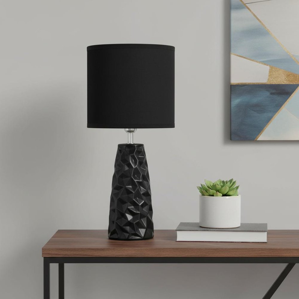 18" Black And Silver Ceramic Geometric Table Lamp With Black Drum Shade