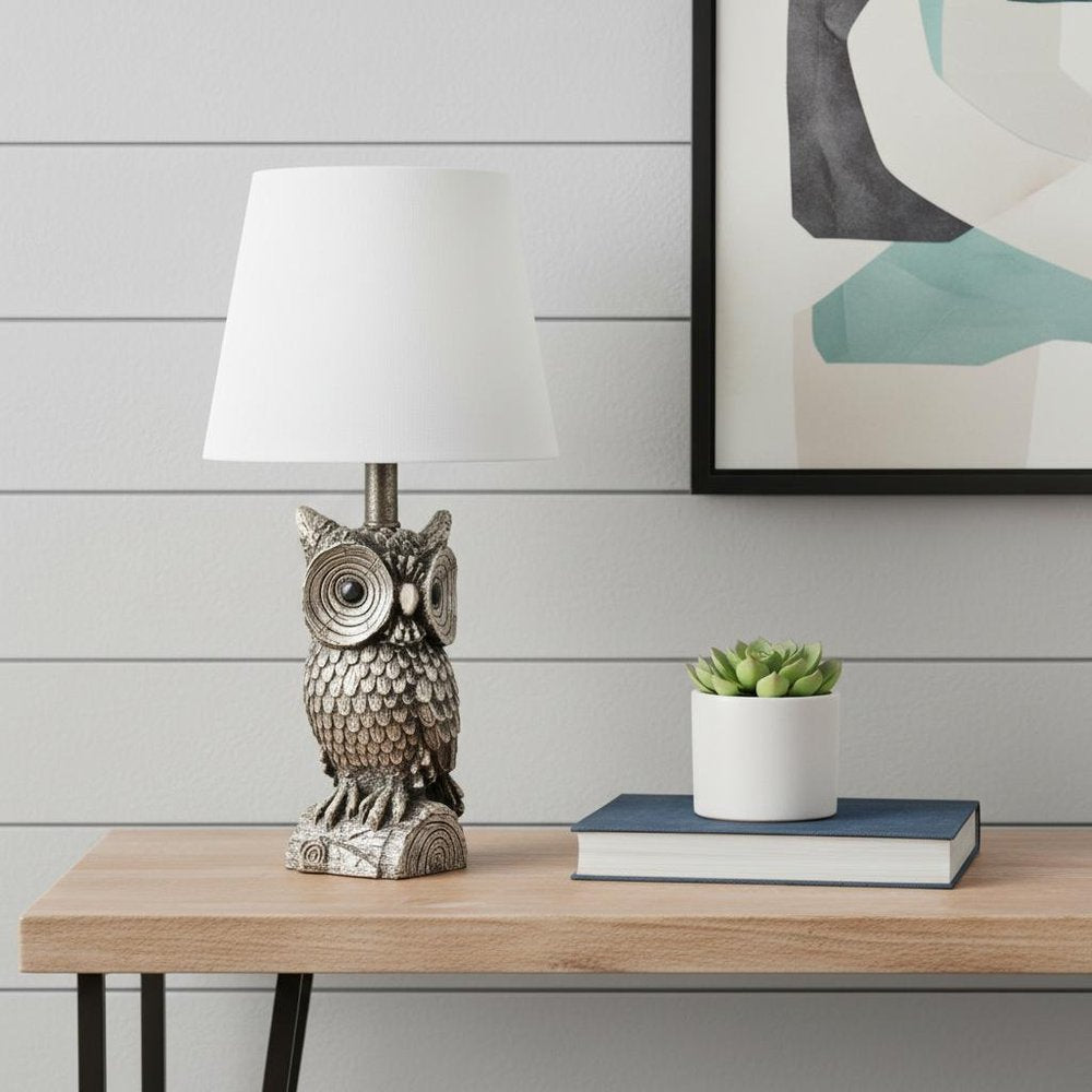 20" Brown And White Geometric Table Lamp With White Drum Shade