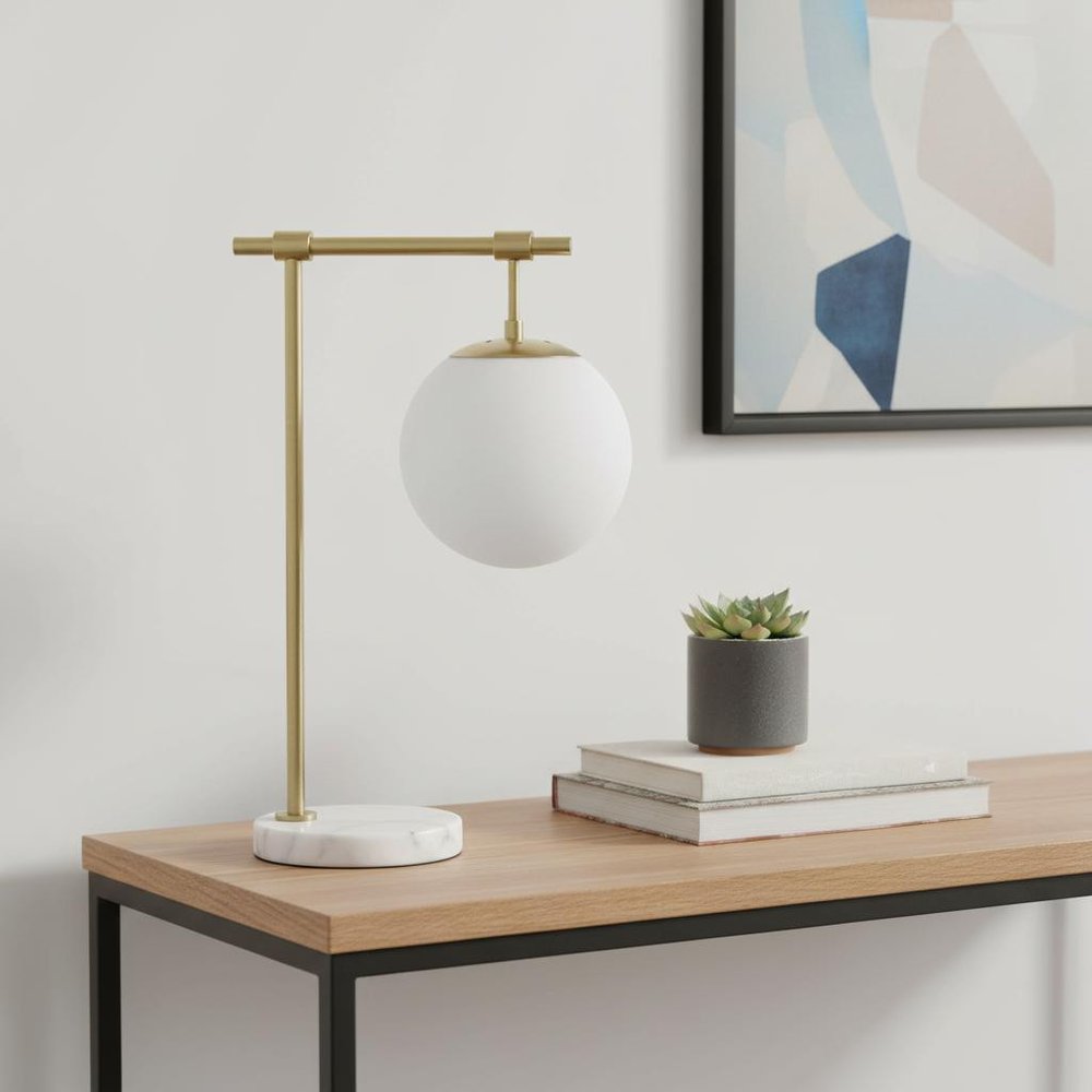 21" Antiqued Brass Metal Novelty Table Lamp With White Globe Shade