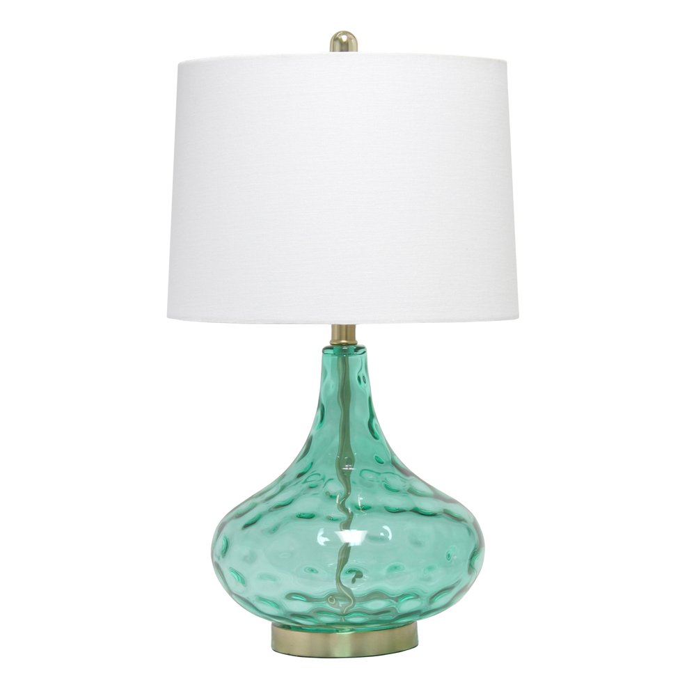 24" Sea Green And Antiqued Brass Glass And Metal Novelty Table Lamp With White Drum Shade