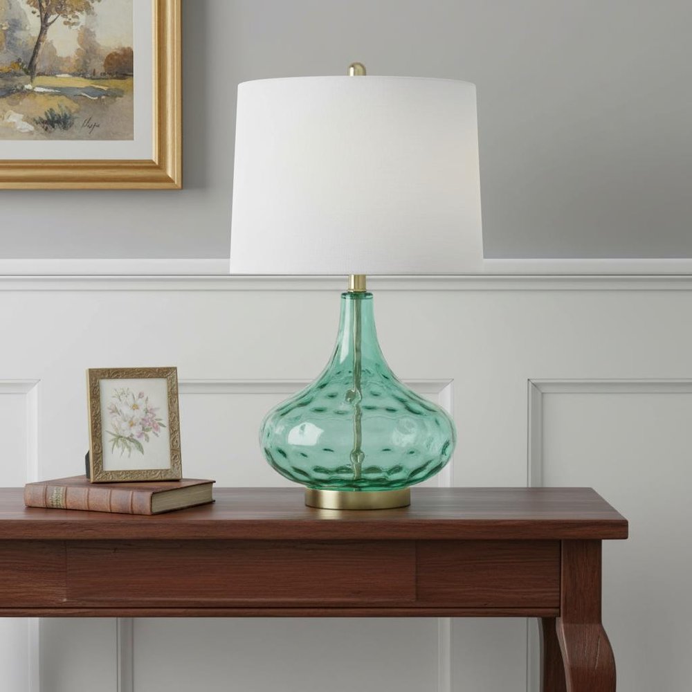 24" Sea Green And Antiqued Brass Glass And Metal Novelty Table Lamp With White Drum Shade