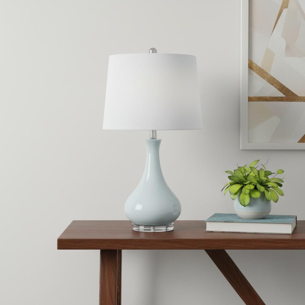 26" Light Blue Ceramic Round Table Lamp With White Drum Shade