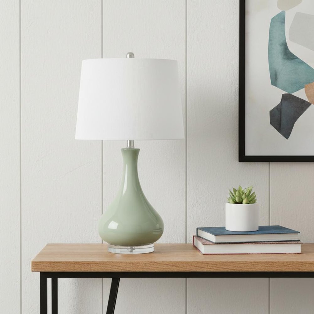 26" Sage And Clear Ceramic Novelty Table Lamp With White Drum Shade
