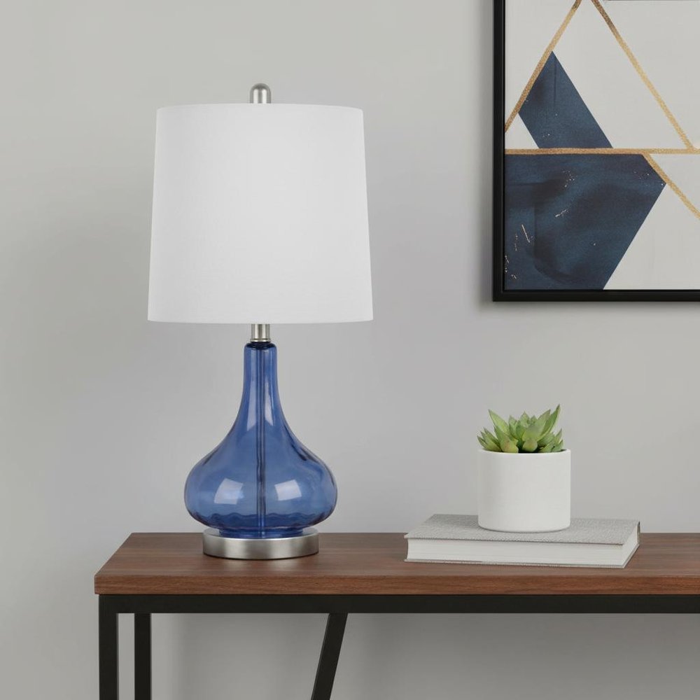 23" Dark Blue And Silver Glass And Metal Novelty Table Lamp With White Drum Shade