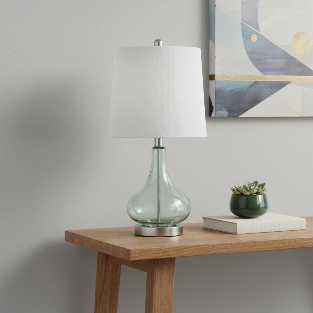 23" Sage Glass Round Table Lamp With White Drum Shade
