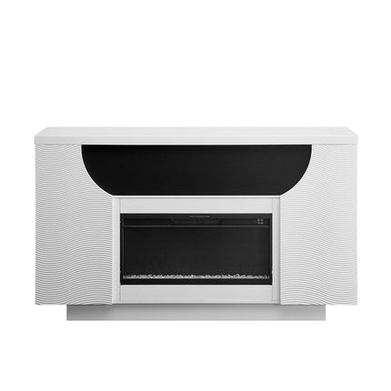 76" White Ribbed Wood Electric Storage Cabinet TV Fireplace With LED And Speaker HomeRoots