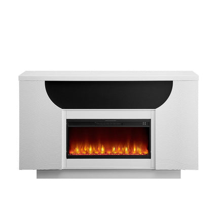 76" White Ribbed Wood Electric Storage Cabinet TV Fireplace With LED And Speaker HomeRoots