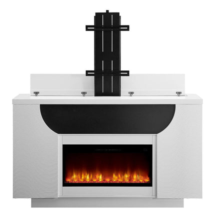 76" White Ribbed Wood Electric Storage Cabinet TV Fireplace With LED And Speaker HomeRoots