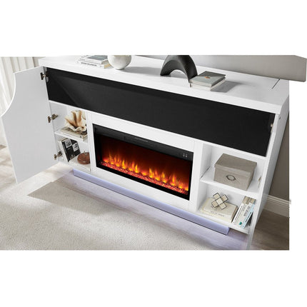 76" White Ribbed Wood Electric Storage Cabinet TV Fireplace With LED And Speaker HomeRoots