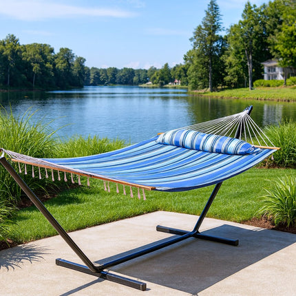 Light Blue And Dark Blue Striped Double Hammock HomeRoots