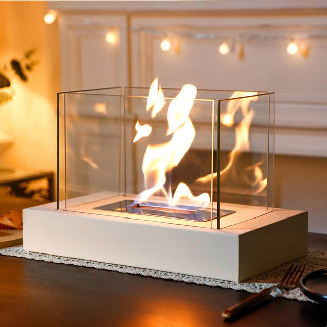 14" White And Clear Metal And Glass BioEthanol Portable Tabletop Firepit HomeRoots