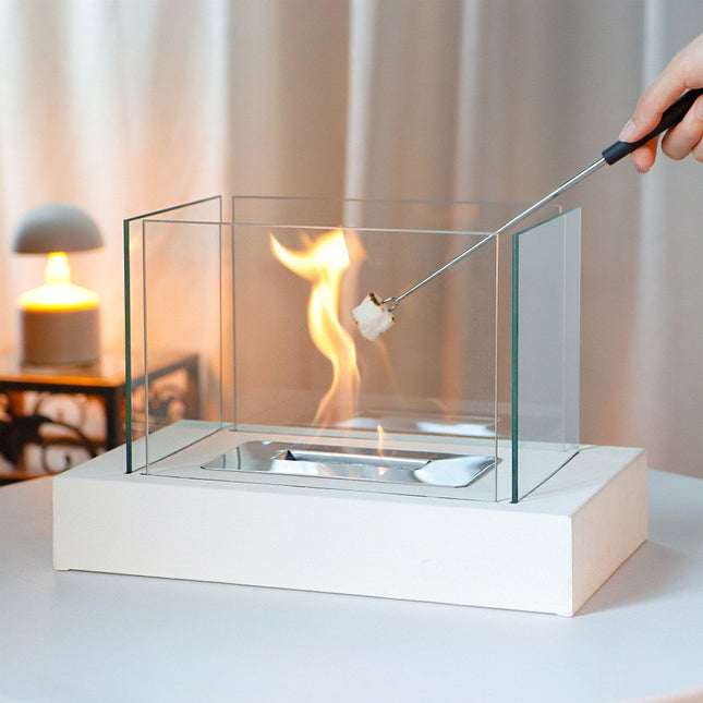 14" White And Clear Metal And Glass BioEthanol Portable Tabletop Firepit HomeRoots