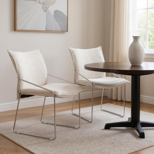 Set of Two White and Silver Upholstered Dining Arm Chairs HomeRoots