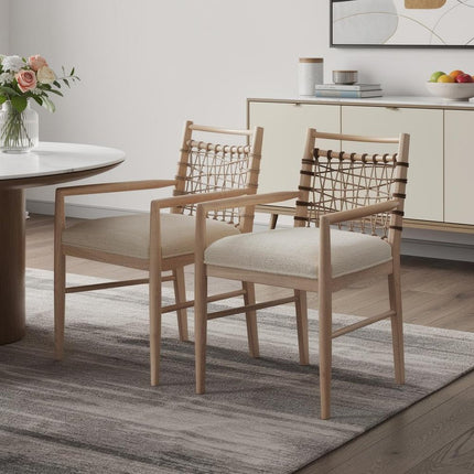 Set of Two Ivory and White Upholstered Open Back Dining Arm Chairs