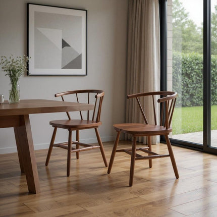 Set of Two Walnut and Brown Solid Wood Slat Back Dining Side Chairs