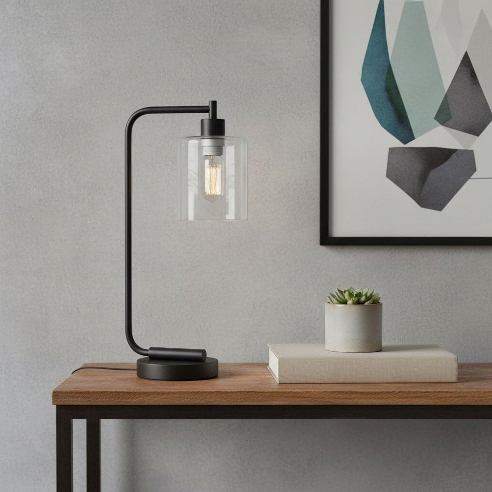 19" Black Iron Lantern Table Lamp With Clear Cylinder Shade