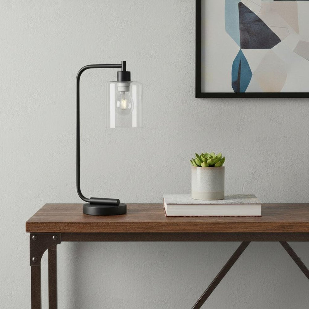 19" Black Iron Lantern Table Lamp LED With Clear Cylinder Shade