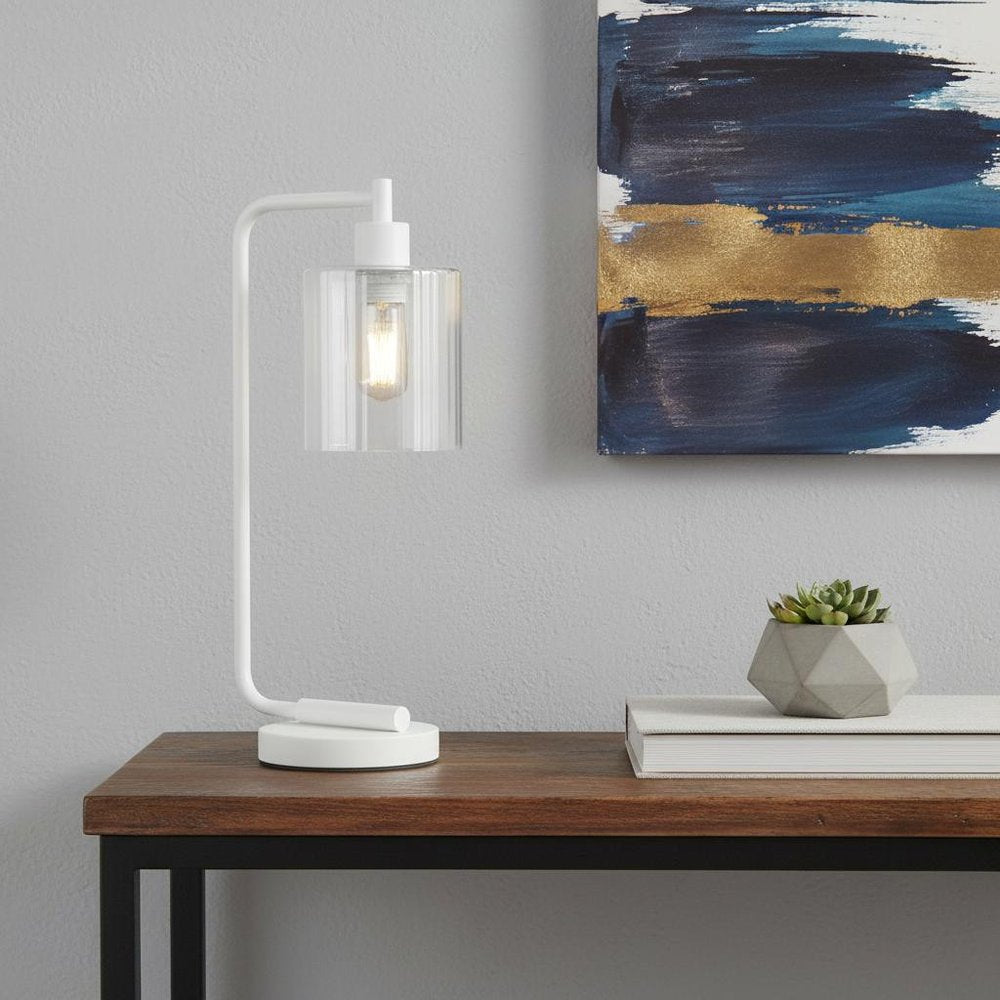 19" White Iron Lantern Table Lamp With Clear Cylinder Shade