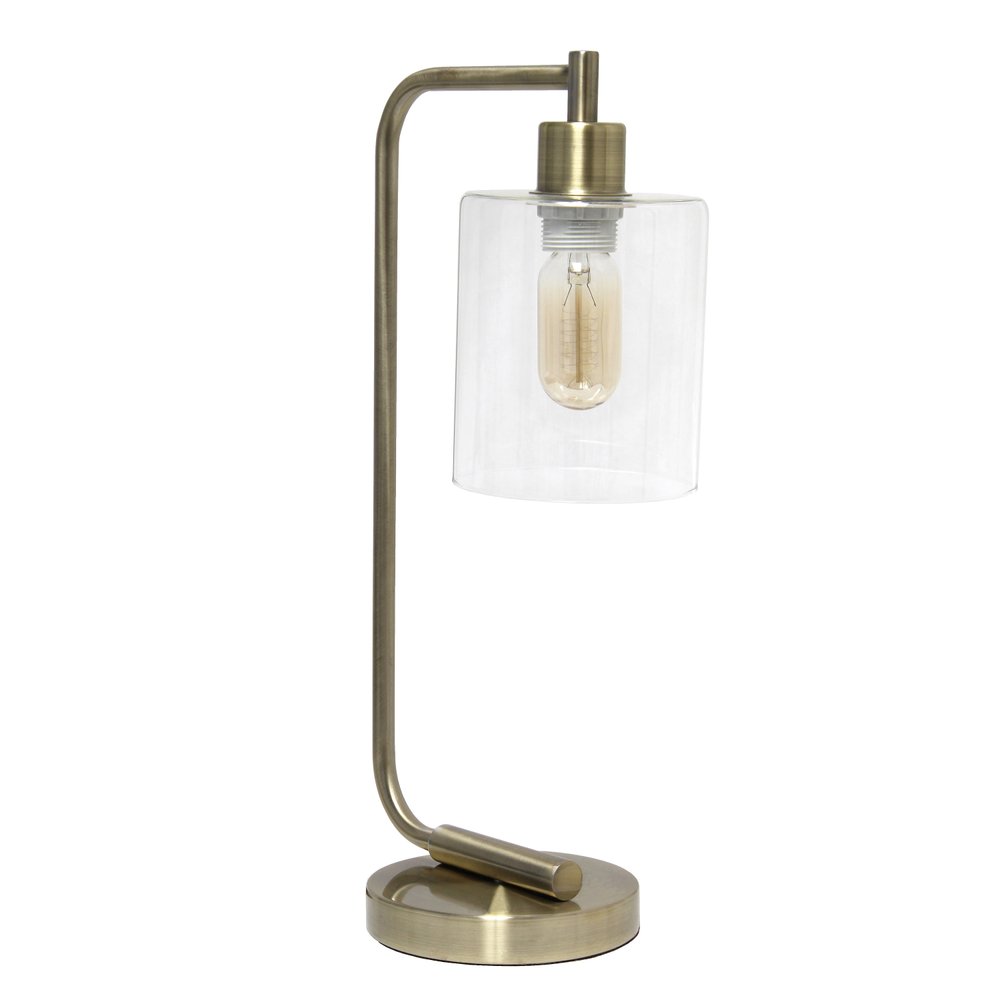 19" Antiqued Brass Metal Lantern Table Lamp With Clear Cylinder Shade