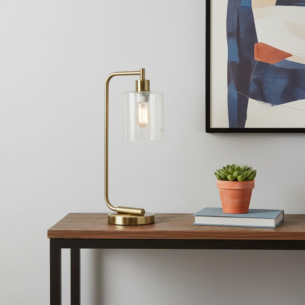 19" Antiqued Brass Metal Lantern Table Lamp With Clear Cylinder Shade