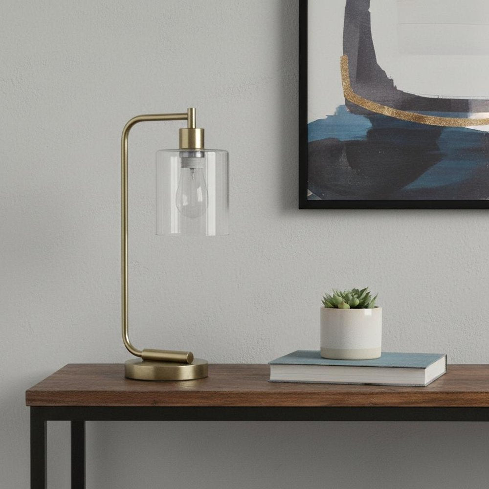 19" Antiqued Brass Metal Lantern Table Lamp LED With Clear Cylinder Shade