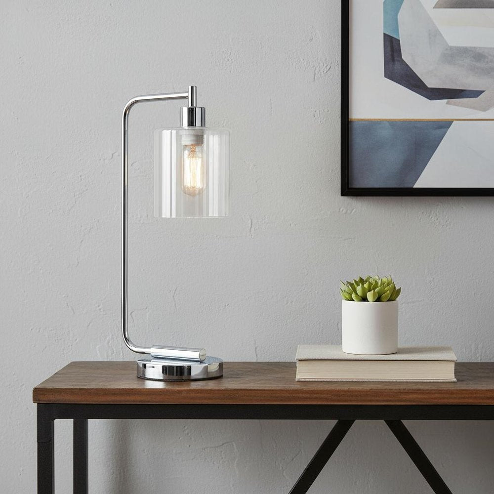 19" Silver Iron Lantern Table Lamp With Clear Cylinder Shade