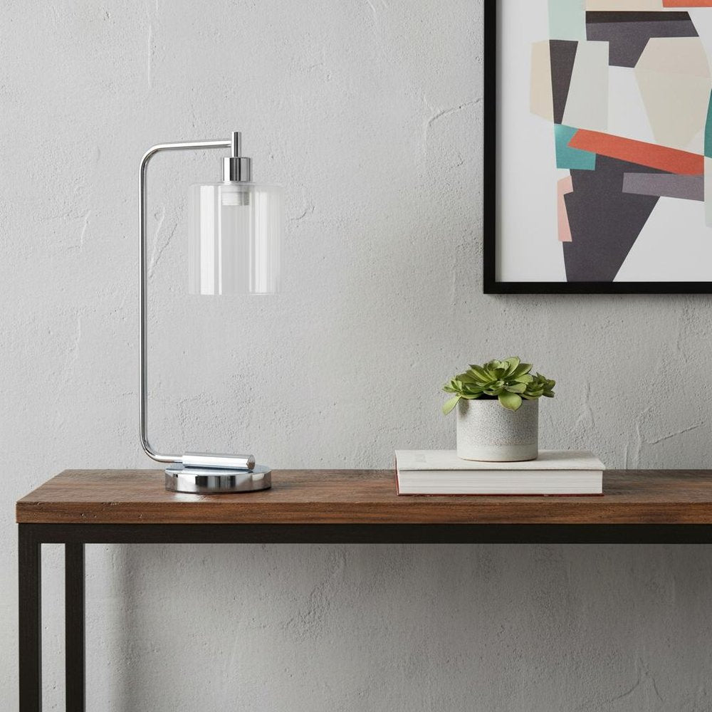 19" Silver Iron Lantern Table Lamp LED With Clear Cylinder Shade