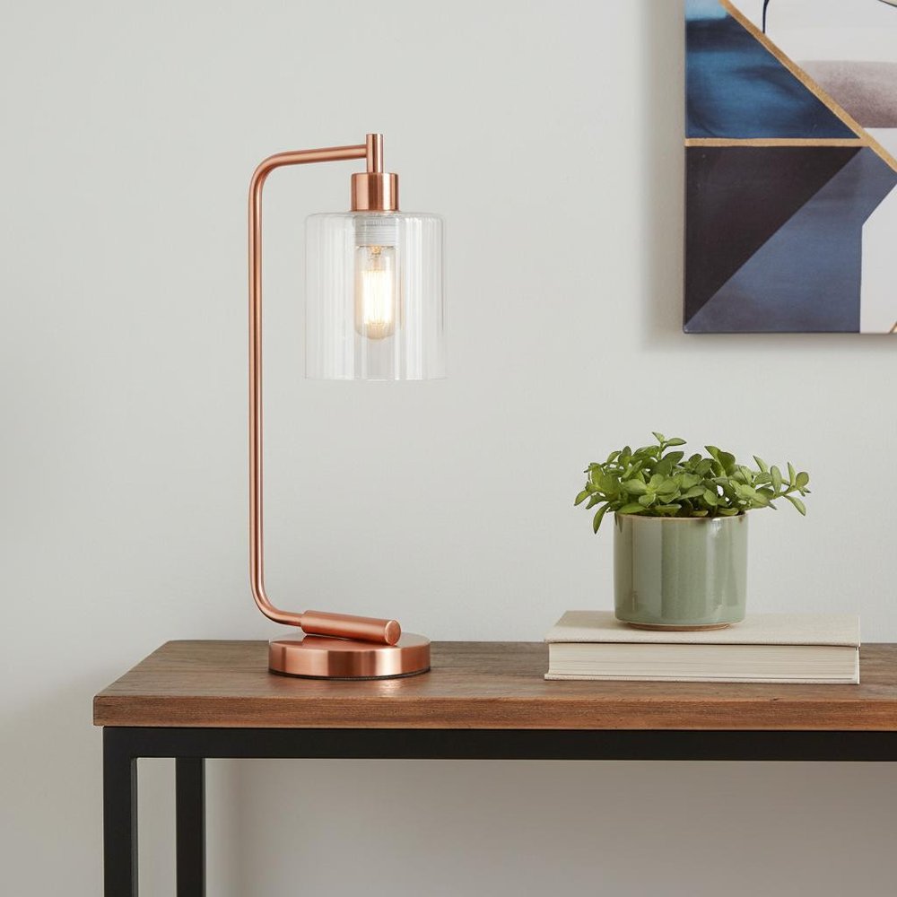 19" Rose Gold Iron Lantern Table Lamp With Clear Cylinder Shade