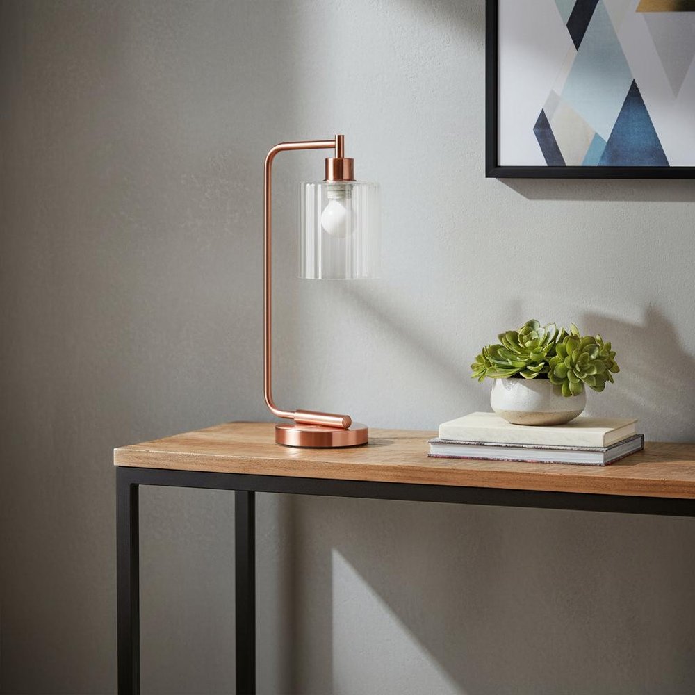 19" Rose Gold Iron Lantern Table Lamp LED With Clear Cylinder Shade