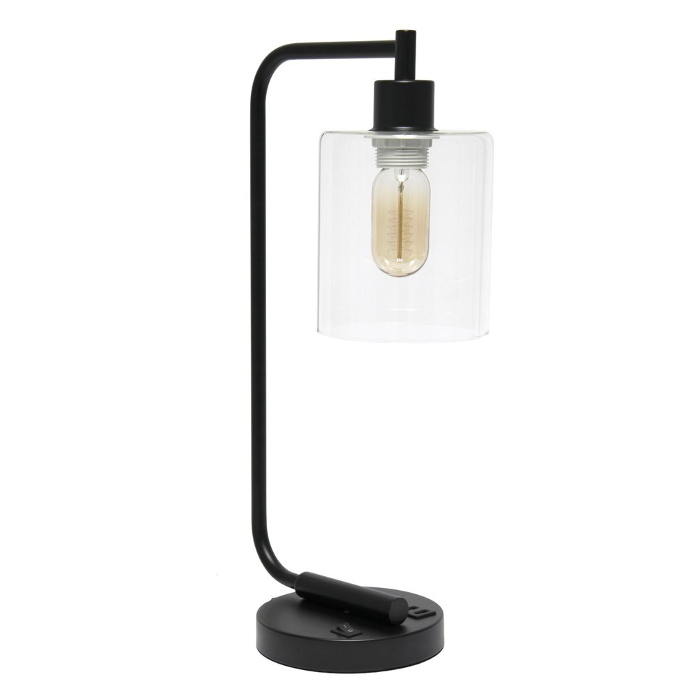 19" Black Iron Lantern USB Table Lamp With Clear Cylinder Shade
