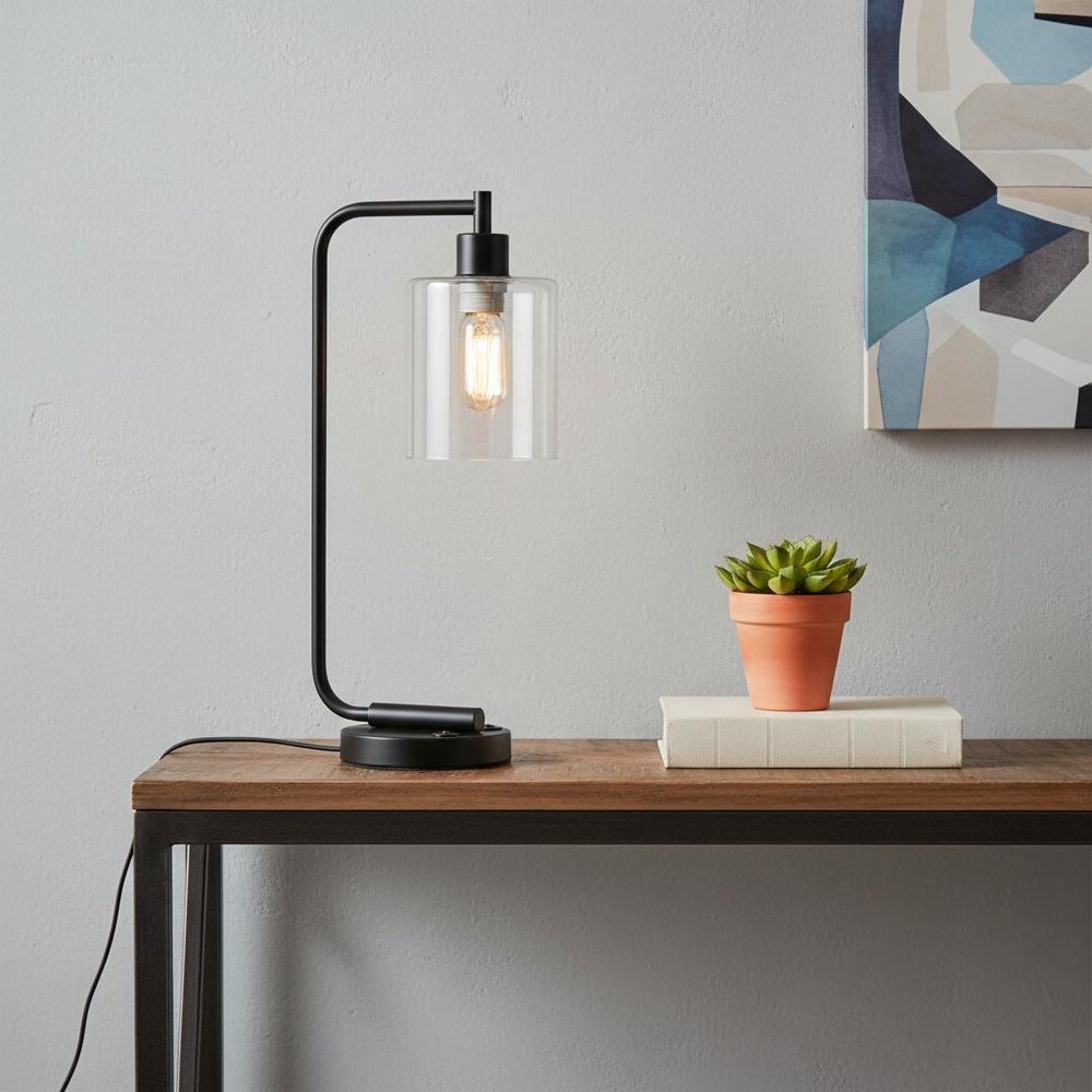 19" Black Iron Lantern USB Table Lamp With Clear Cylinder Shade