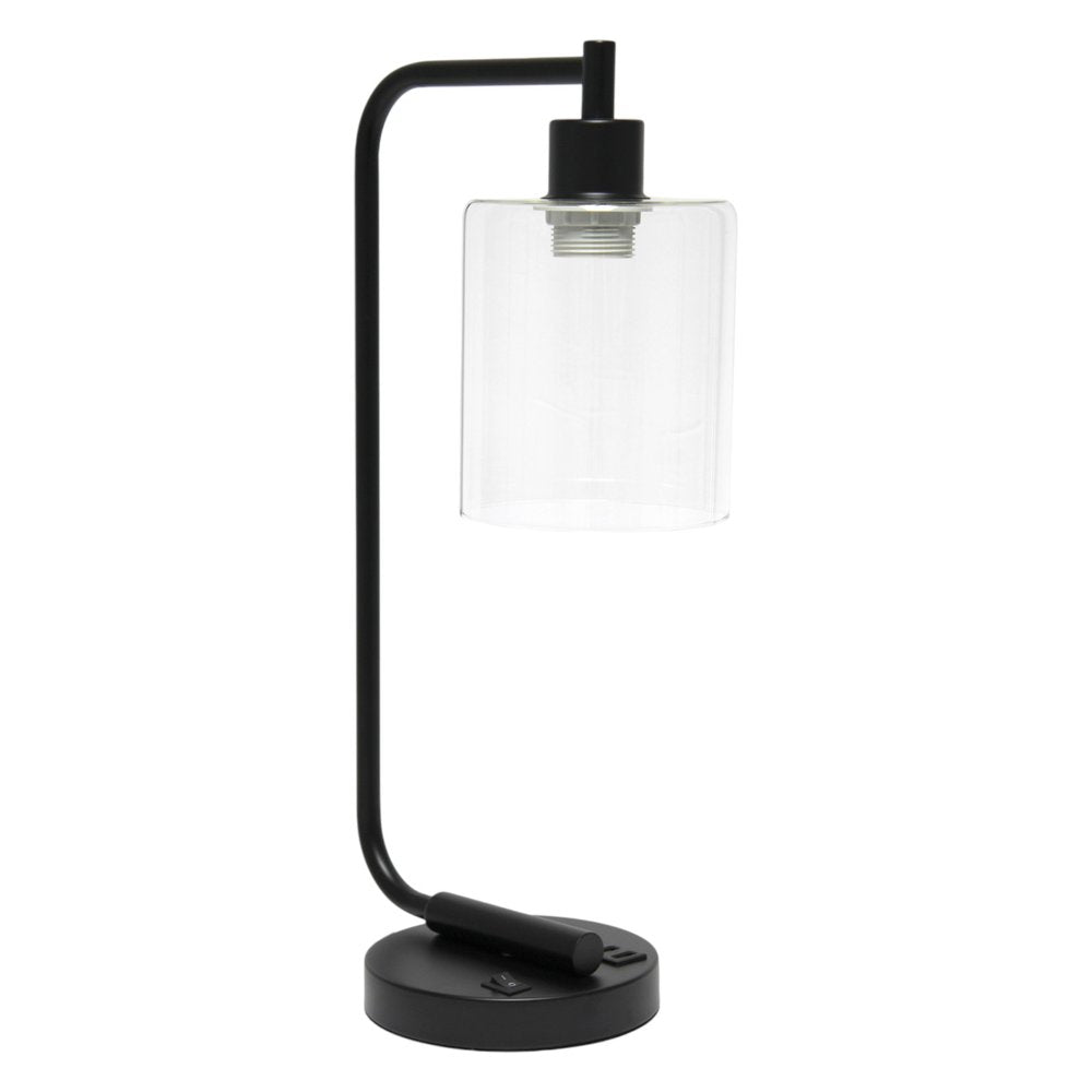 19" Black Iron Lantern USB Table Lamp LED With Clear Cylinder Shade