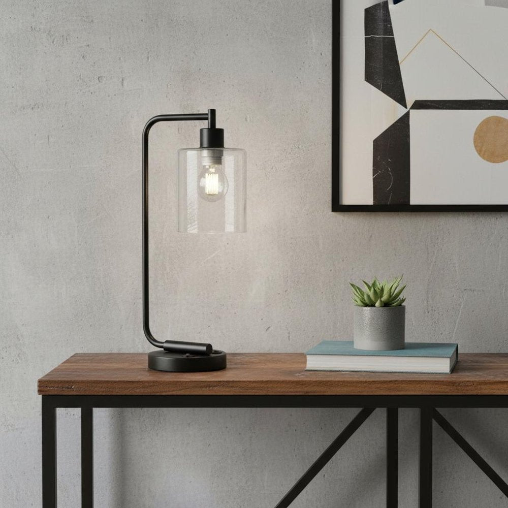 19" Black Iron Lantern USB Table Lamp LED With Clear Cylinder Shade