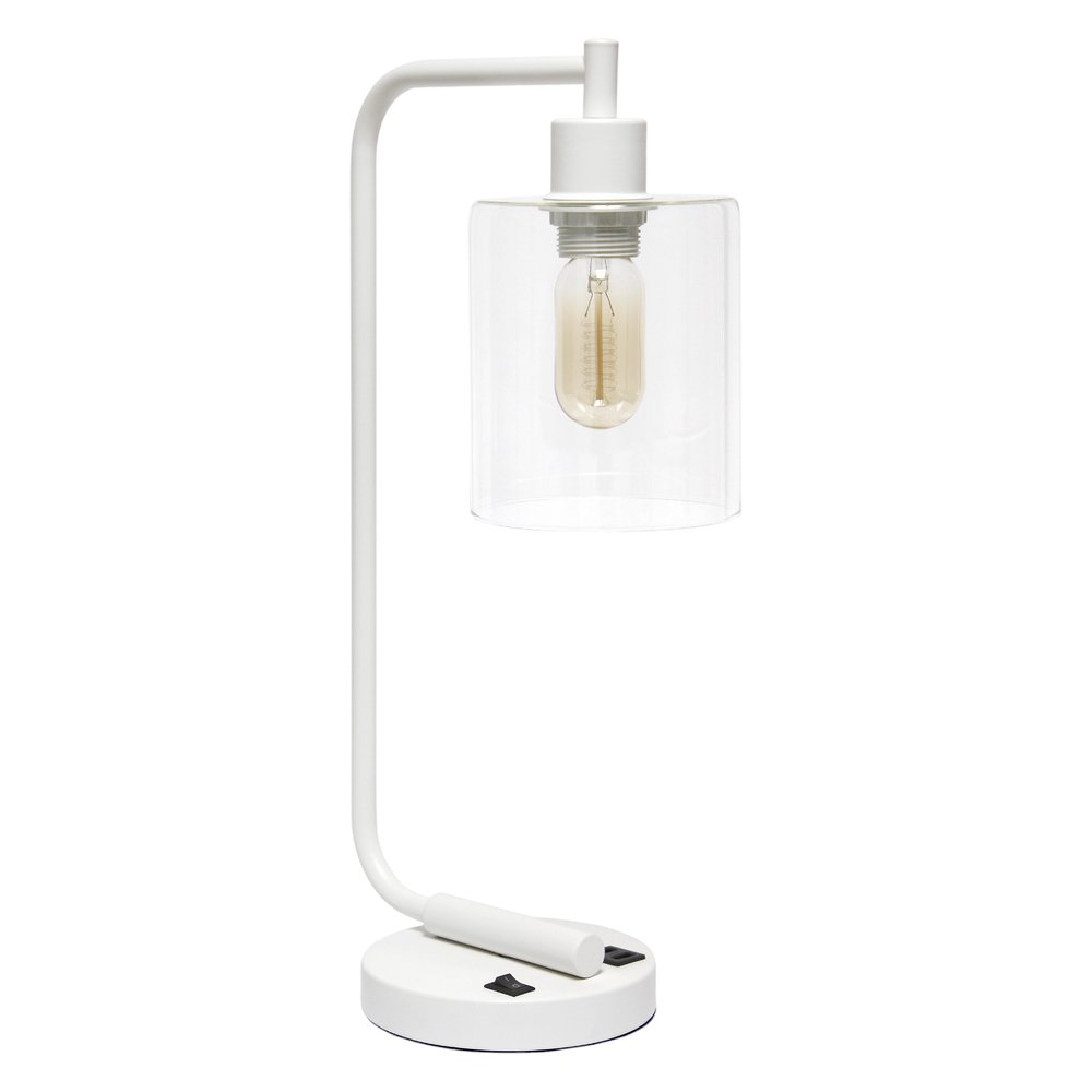 19" White Iron Lantern USB Table Lamp With Clear Cylinder Shade