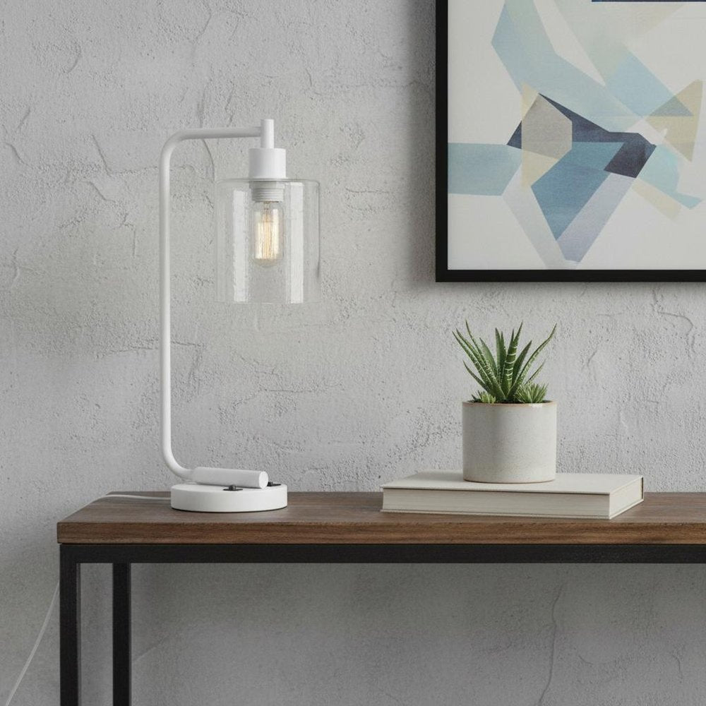 19" White Iron Lantern USB Table Lamp With Clear Cylinder Shade