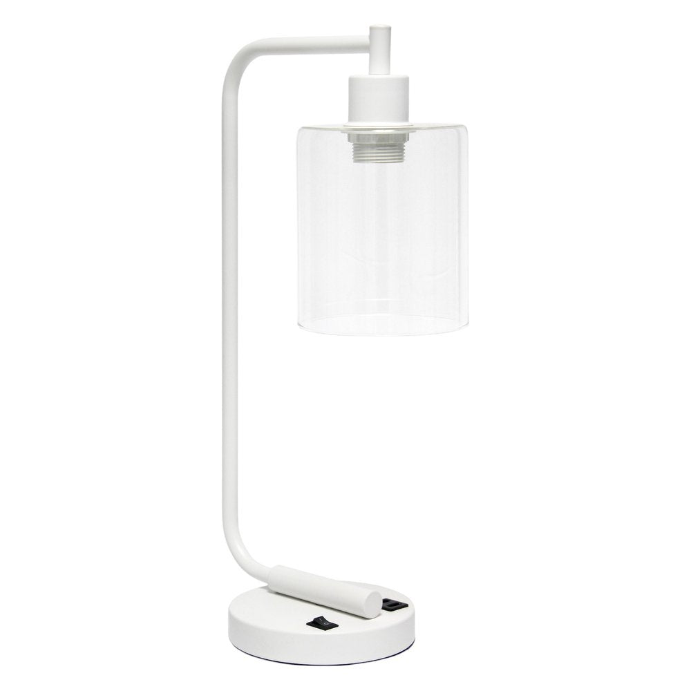 19" White Iron Lantern USB Table Lamp LED With Clear Cylinder Shade