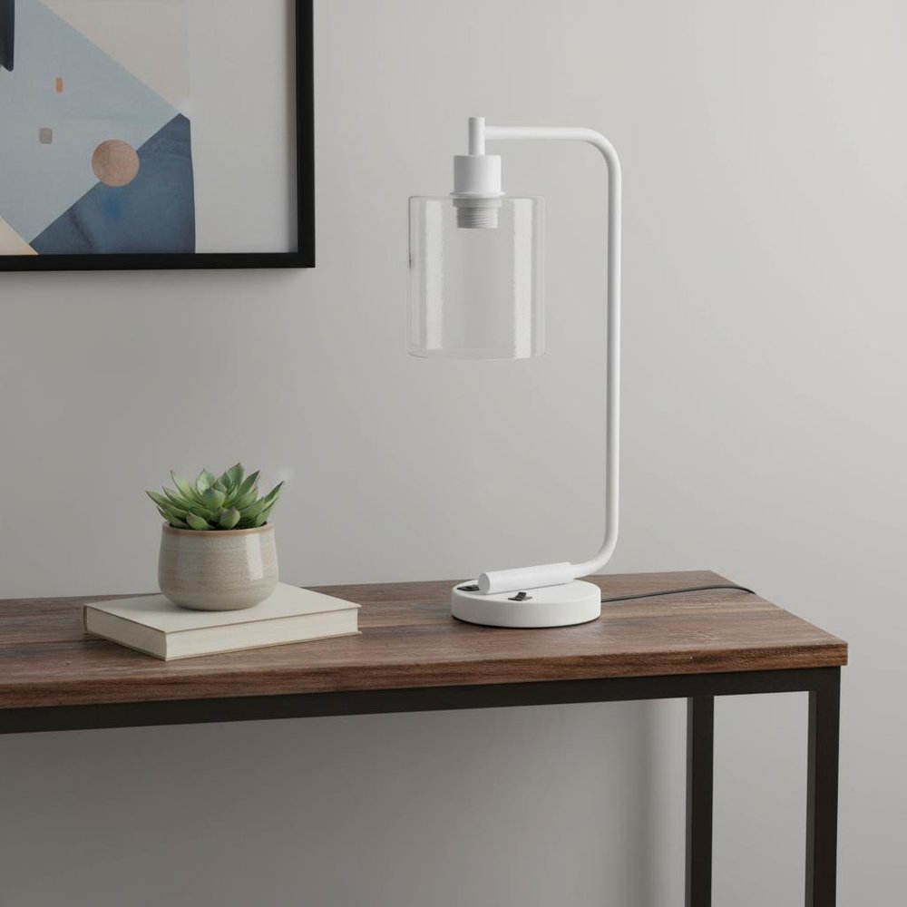 19" White Iron Lantern USB Table Lamp LED With Clear Cylinder Shade