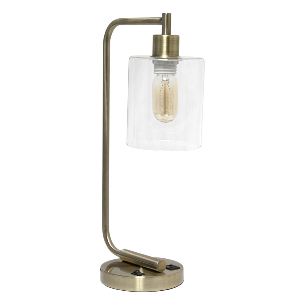 19" Antiqued Brass Metal Lantern USB Table Lamp With Clear Cylinder Shade
