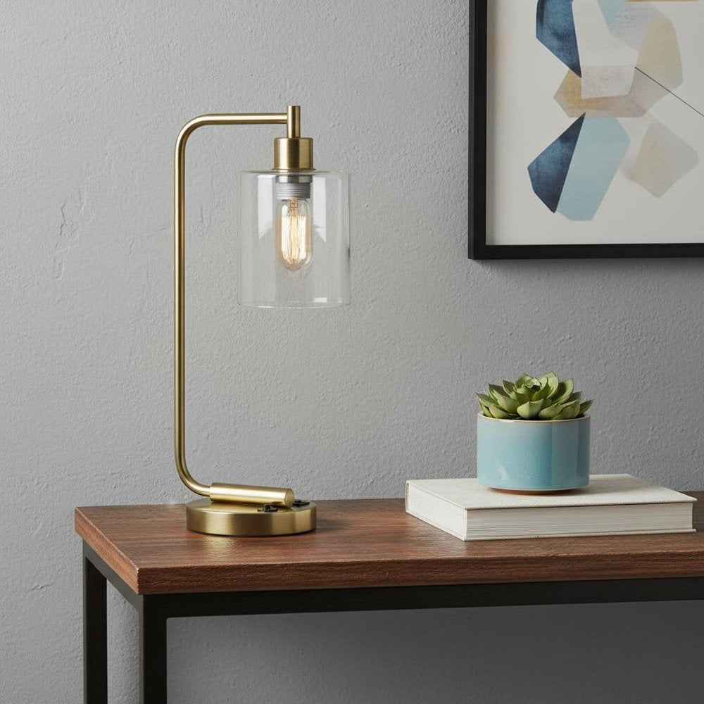 19" Antiqued Brass Metal Lantern USB Table Lamp With Clear Cylinder Shade