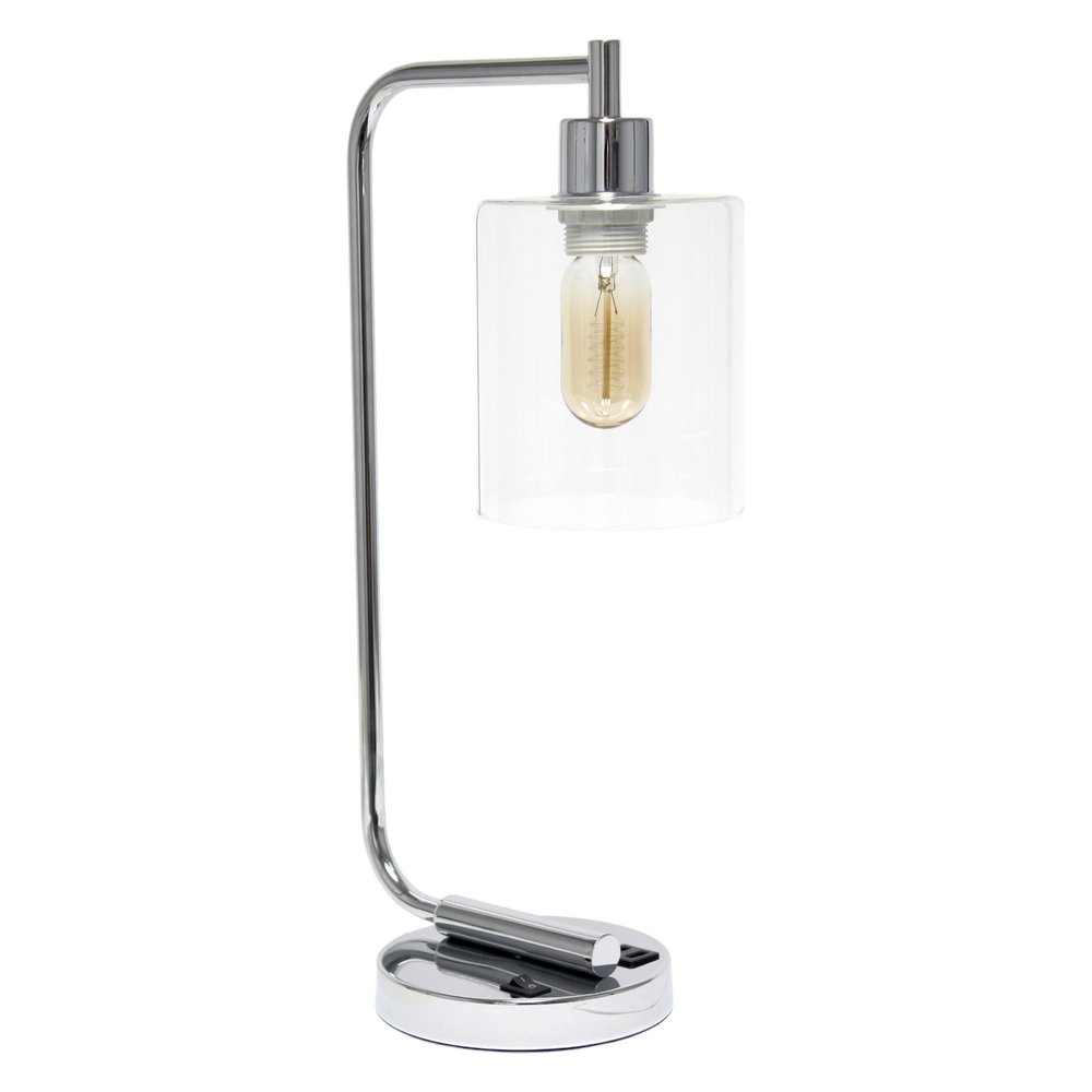 19" Silver Iron Lantern USB Table Lamp With Clear Cylinder Shade