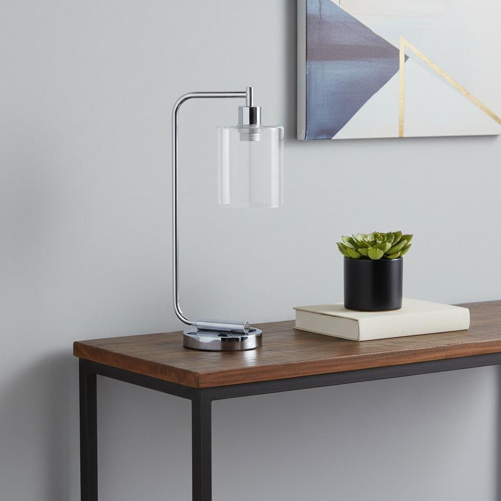 19" Silver Iron Lantern USB Table Lamp LED With Clear Cylinder Shade